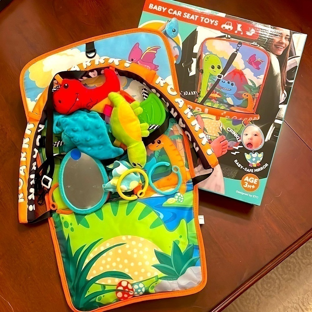 Brand New Baby Car Seat Toy Dinosaur Double-Sided Travel Activity Plush Mirror